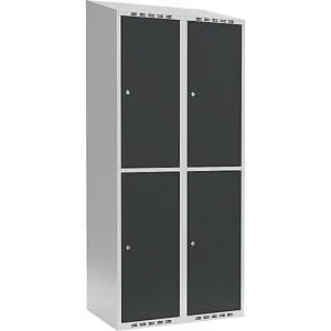 kaiserkraft Doppelstock-Spind Fydor, 2 Abteile, lichtgrau / anthrazit, B 800 mm, 2 Abteile, schräge Dachform, Zylinderschloss