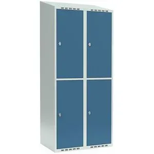kaiserkraft Doppelstock-Spind Fydor, 2 Abteile, lichtgrau / brillantblau, B 800 mm, 2 Abteile, schräge Dachform, Vorhängeschloss
