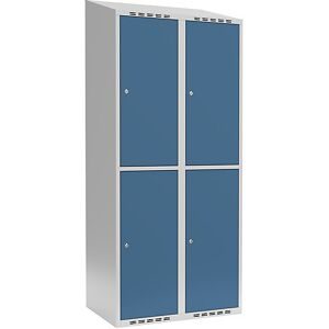 kaiserkraft Doppelstock-Spind Fydor, 2 Abteile, lichtgrau / brillantblau, B 800 mm, 2 Abteile, schräge Dachform, Zylinderschloss