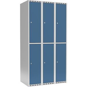 kaiserkraft Doppelstock-Spind Fydor, 3 Abteile, lichtgrau / brillantblau, B 900 mm, 3 Abteile, flache Dachform, Zylinderschloss