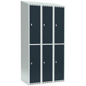 kaiserkraft Doppelstock-Spind Fydor, 3 Abteile, lichtgrau / anthrazit, B 900 mm, 3 Abteile, schräge Dachform, Vorhängeschloss