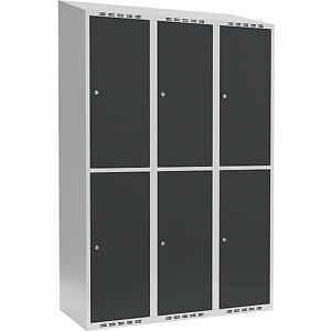 kaiserkraft Doppelstock-Spind Fydor, 3 Abteile, lichtgrau / anthrazit, B 1200 mm, 3 Abteile, schräge Dachform, Zylinderschloss