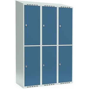 kaiserkraft Doppelstock-Spind Fydor, 3 Abteile, lichtgrau / brillantblau, B 1200 mm, 3 Abteile, schräge Dachform, Vorhängeschloss