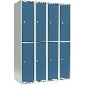 kaiserkraft Doppelstock-Spind Fydor, 4 Abteile, lichtgrau / brillantblau, B 1200 mm, 4 Abteile, flache Dachform, Vorhängeschloss