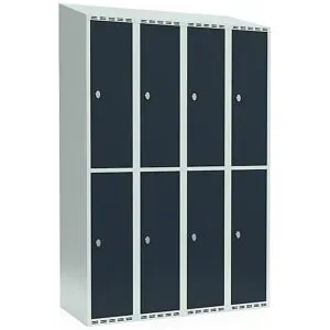 kaiserkraft Doppelstock-Spind Fydor, 4 Abteile, lichtgrau / anthrazit, B 1200 mm, 4 Abteile, schräge Dachform, Vorhängeschloss