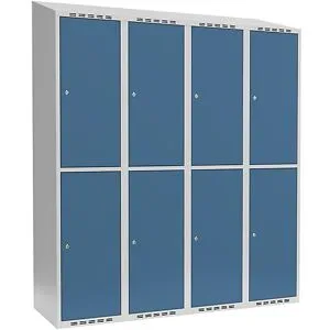 kaiserkraft Doppelstock-Spind Fydor, 4 Abteile, lichtgrau / brillantblau, B 1200 mm, 4 Abteile, schräge Dachform, Zylinderschloss