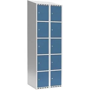 kaiserkraft 5er-Schließfachschrank Fydor, 2 Abteile, lichtgrau / brillantblau, B 600 mm, 2 Abteile, schräge Dachform, Zylinderschloss