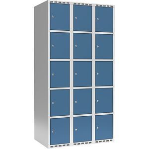 kaiserkraft 5er-Schließfachschrank Fydor, 3 Abteile, lichtgrau / brillantblau, B 900 mm, 3 Abteile, flache Dachform, Zylinderschloss