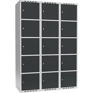 kaiserkraft 5er-Schließfachschrank Fydor, 3 Abteile, lichtgrau / anthrazit, B 1200 mm, 3 Abteile, flache Dachform, Zylinderschloss
