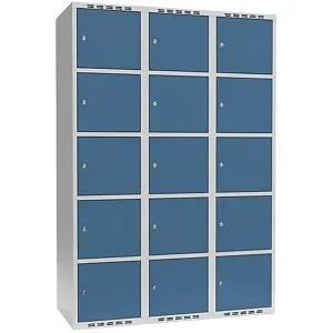 kaiserkraft 5er-Schließfachschrank Fydor, 3 Abteile, lichtgrau / brillantblau, B 1200 mm, 3 Abteile, flache Dachform, Zylinderschloss