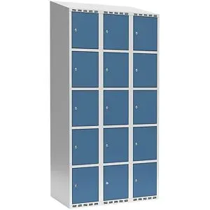 kaiserkraft 5er-Schließfachschrank Fydor, 3 Abteile, lichtgrau / brillantblau, B 900 mm, 3 Abteile, schräge Dachform, Zylinderschloss