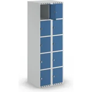 kaiserkraft 5er-Schließfachschrank Fydor, 2 Abteile, lichtgrau / brillantblau, B 600 mm, 2 Abteile, flache Dachform, Vorhängeschloss