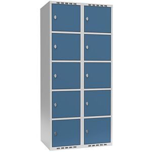 kaiserkraft 5er-Schließfachschrank Fydor, 2 Abteile, lichtgrau / brillantblau, B 800 mm, 2 Abteile, flache Dachform, Vorhängeschloss