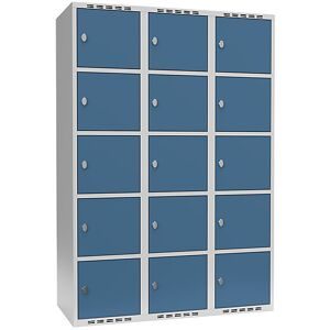 kaiserkraft 5er-Schließfachschrank Fydor, 3 Abteile, lichtgrau / brillantblau, B 1200 mm, 3 Abteile, flache Dachform, Vorhängeschloss