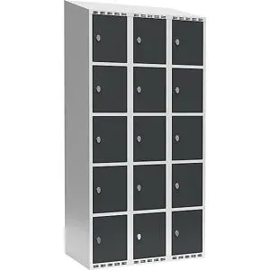 kaiserkraft 5er-Schließfachschrank Fydor, 3 Abteile, lichtgrau / anthrazit, B 900 mm, 3 Abteile, schräge Dachform, Vorhängeschloss