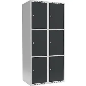 kaiserkraft 3er-Schließfachschrank Fydor, 2 Abteile, lichtgrau / anthrazit, B 800 mm, 2 Abteile, flache Dachform, Zylinderschloss