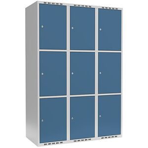 kaiserkraft 3er-Schließfachschrank Fydor, 3 Abteile, lichtgrau / brillantblau, B 1200 mm, 3 Abteile, flache Dachform, Zylinderschloss