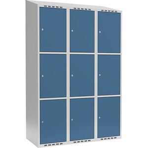 kaiserkraft 3er-Schließfachschrank Fydor, 3 Abteile, lichtgrau / brillantblau, B 1200 mm, 3 Abteile, schräge Dachform, Zylinderschloss