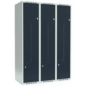 kaiserkraft Z-Spind Fydor, 3 Abteile, lichtgrau / anthrazit, B 1200 mm, 3 Abteile, flache Dachform, Vorhängeschloss