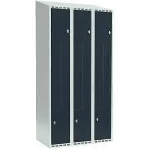 kaiserkraft Z-Spind Fydor, 3 Abteile, lichtgrau / anthrazit, B 900 mm, 3 Abteile, schräge Dachform, Vorhängeschloss