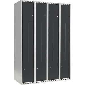 kaiserkraft Z-Spind Fydor, 4 Abteile, lichtgrau / anthrazit, B 1200 mm, 4 Abteile, flache Dachform, Vorhängeschloss