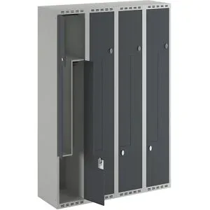 kaiserkraft Z-Spind Fydor, 4 Abteile, lichtgrau / anthrazit, B 1200 mm, 4 Abteile, flache Dachform, Vorhängeschloss