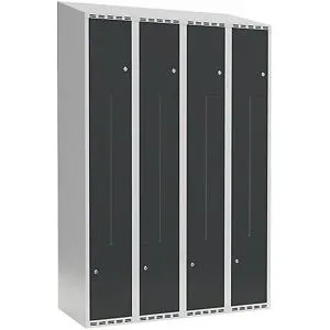 kaiserkraft Z-Spind Fydor, 4 Abteile, lichtgrau / anthrazit, B 1200 mm, 4 Abteile, schräge Dachform, Vorhängeschloss