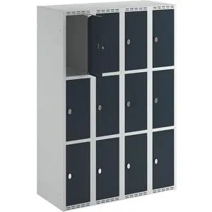 kaiserkraft 3er-Schließfachschrank Fydor, 4 Abteile, lichtgrau / anthrazit, B 1200 mm, 4 Abteile, flache Dachform, Vorhängeschloss
