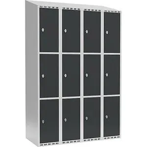kaiserkraft 3er-Schließfachschrank Fydor, 4 Abteile, lichtgrau / anthrazit, B 1200 mm, 4 Abteile, schräge Dachform, Vorhängeschloss