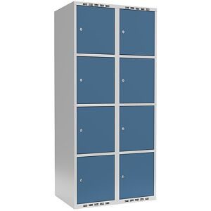 kaiserkraft 4er-Schließfachschrank Fydor, 2 Abteile, lichtgrau / brillantblau, B 800 mm, 2 Abteile, flache Dachform, Zylinderschloss
