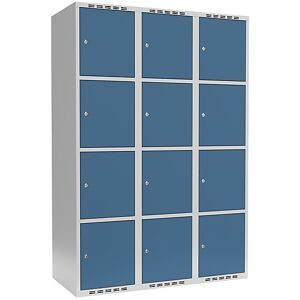 kaiserkraft 4er-Schließfachschrank Fydor, 3 Abteile, lichtgrau / brillantblau, B 1200 mm, 3 Abteile, flache Dachform, Zylinderschloss