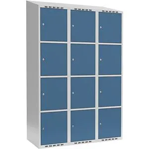 kaiserkraft 4er-Schließfachschrank Fydor, 3 Abteile, lichtgrau / brillantblau, B 1200 mm, 3 Abteile, schräge Dachform, Zylinderschloss