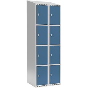 kaiserkraft 4er-Schließfachschrank Fydor, 2 Abteile, lichtgrau / brillantblau, B 600 mm, 2 Abteile, schräge Dachform, Vorhängeschloss