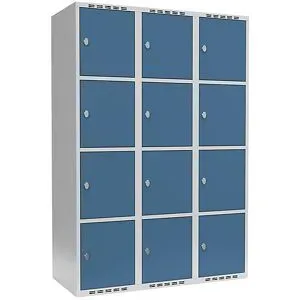 kaiserkraft 4er-Schließfachschrank Fydor, 3 Abteile, lichtgrau / brillantblau, B 1200 mm, 3 Abteile, flache Dachform, Vorhängeschloss