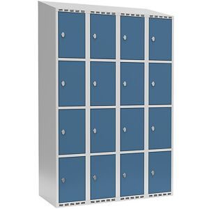 kaiserkraft 4er-Schließfachschrank Fydor, 4 Abteile, lichtgrau / brillantblau, B 1200 mm, 4 Abteile, schräge Dachform, Vorhängeschloss