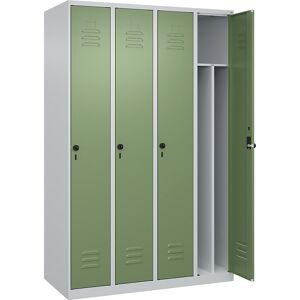 C+P Schwarz-Weiß-Spind Classic PLUS, schmal, 4 Abteile, verkürzte Trennwand mittig, lichtgrau / resedagrün, B 1200 mm, mit Bodengleitern, Drehriegel,