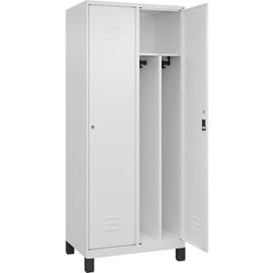 C+P Schwarz-Weiß-Spind Classic PLUS, schmal, 2 Abteile, verkürzte Trennwand mittig, verkehrsweiß, B 800 mm, mit Füßen, Zylinderschloss, Trennwand mittig