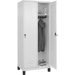 Spind Classic PLUS, 2 Abteile, verkehrsweiß, B 800 mm, mit Füßen, Drehriegel C+P