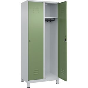 Spind Classic PLUS, 2 Abteile, lichtgrau / resedagrün, B 800 mm, mit Füßen, Zylinderschloss C+P