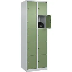 5er-Schließfachschrank Classic PLUS, 2 Abteile, lichtgrau / resedagrün, B 600 mm, 10 Fächer, mit Bodengleitern C+P