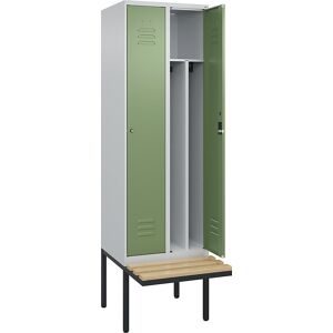 C+P Schwarz-Weiß-Spind Classic PLUS Sitzbank, schmal, 2 Abteile, verkürzte Trennwand mittig, lichtgrau / resedagrün, B 600 mm, Zylinderschloss,