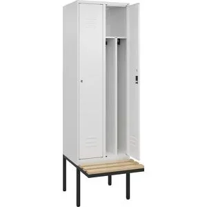 C+P Schwarz-Weiß-Spind Classic PLUS Sitzbank, schmal, 2 Abteile, verkürzte Trennwand mittig, verkehrsweiß, B 600 mm, Zylinderschloss, auskragend,