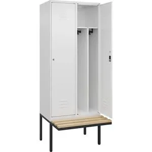 C+P Schwarz-Weiß-Spind Classic PLUS Sitzbank, schmal, 2 Abteile, verkürzte Trennwand mittig, verkehrsweiß, B 800 mm, Zylinderschloss, auskragend,