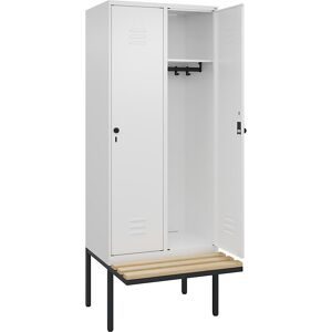 Spind Classic PLUS Sitzbank, 2 Abteile, verkehrsweiß, B 800 mm, Sicherheits-Drehriegel, auskragend, Buche-Hartholz C+P