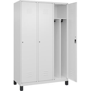 C+P Schwarz-Weiß-Spind Classic PLUS, schmal, 3 Abteile, verkürzte Trennwand mittig, verkehrsweiß, B 1200 mm, mit Füßen, Zylinderschloss, Trennwand mittig