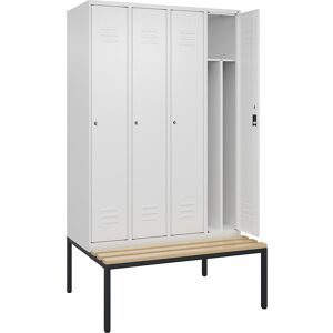 C+P Schwarz-Weiß-Spind Classic PLUS Sitzbank, schmal, 4 Abteile, verkürzte Trennwand mittig, verkehrsweiß, B 1200 mm, Zylinderschloss, untergebaut,