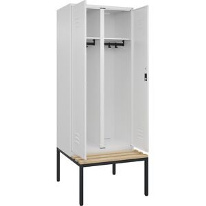 Schwarz-Weiß-Spind Classic PLUS Sitzbank, Trennwand mittig, 1 Abteil, verkehrsweiß, B 800 mm, Zylinderschloss, untergebaut, Buche-Hartholz C+P