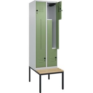 Z-Spind Classic PLUS Sitzbank, 2 Abteile, lichtgrau / resedagrün, B 600 mm, Sicherheits-Drehriegel, untergebaut, Buche-Hartholz C+P
