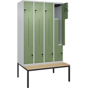 Z-Spind Classic PLUS Sitzbank, 4 Abteile, lichtgrau / resedagrün, B 1200 mm, Sicherheits-Drehriegel, untergebaut, Buche-Hartholz C+P