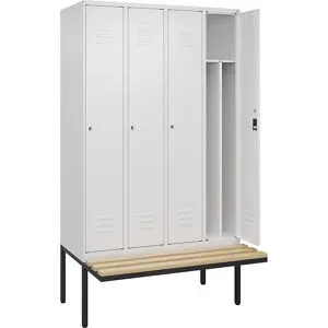 C+P Schwarz-Weiß-Spind Classic PLUS Sitzbank, schmal, 4 Abteile, verkürzte Trennwand mittig, verkehrsweiß, B 1200 mm, Zylinderschloss, auskragend,
